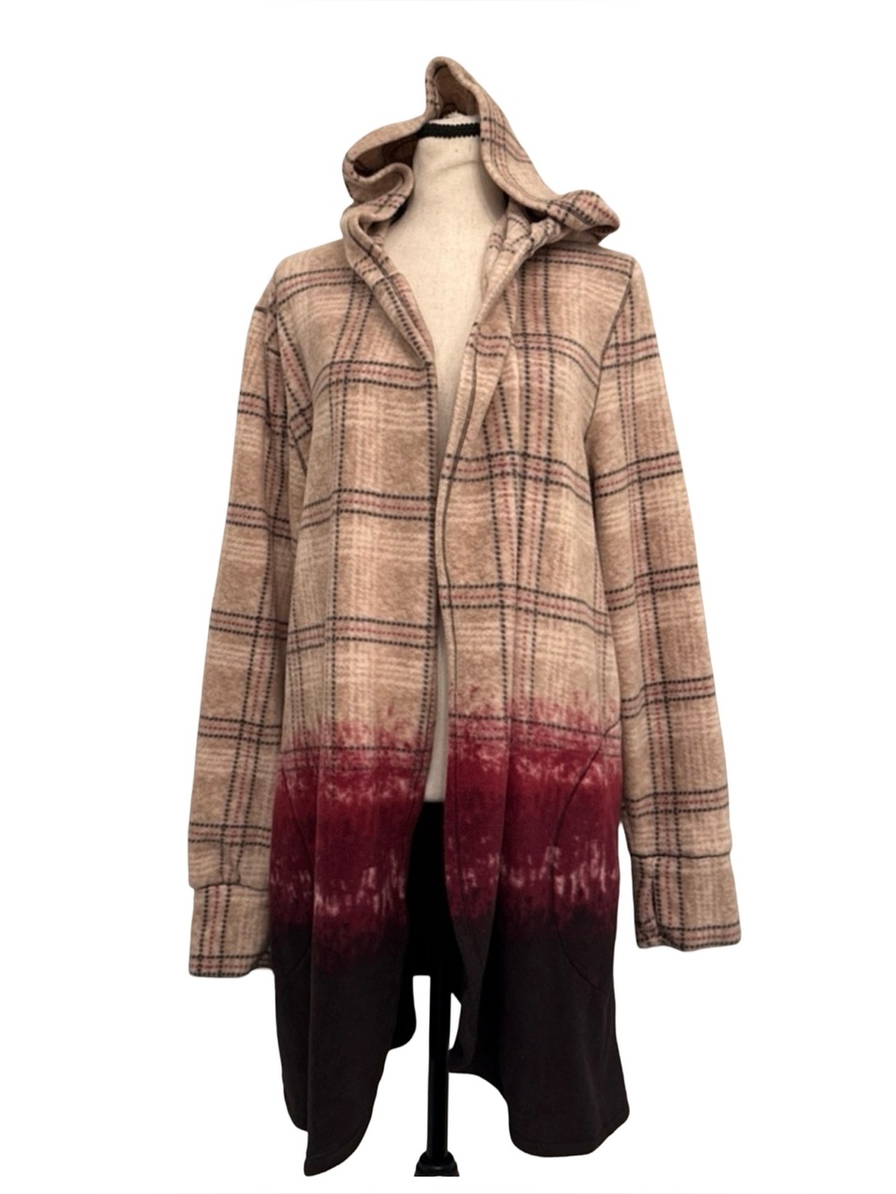 Cuddl Duds Hooded Cardigan 2X Plaid Dip Dye Burgundy Beige Cozy Duster Jacket